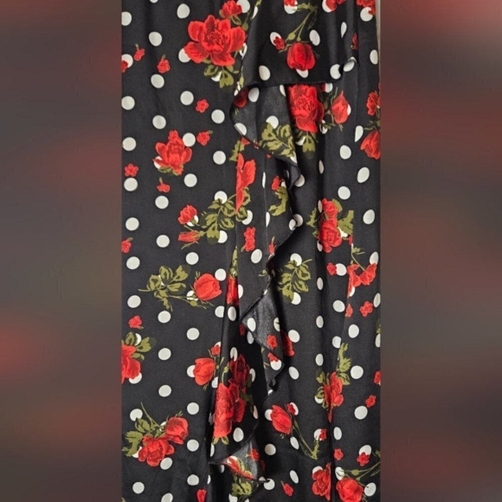 Zara Floral Polka Dot Wrap Midi Skirt Ruffle Hem XS Black Red - Picture 4 of 9